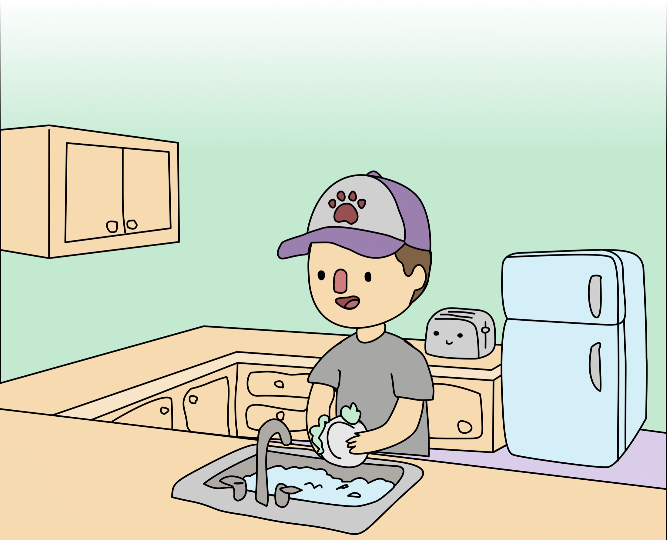 James in a ball cap washing dishes in a pastel cartoon kitchen
