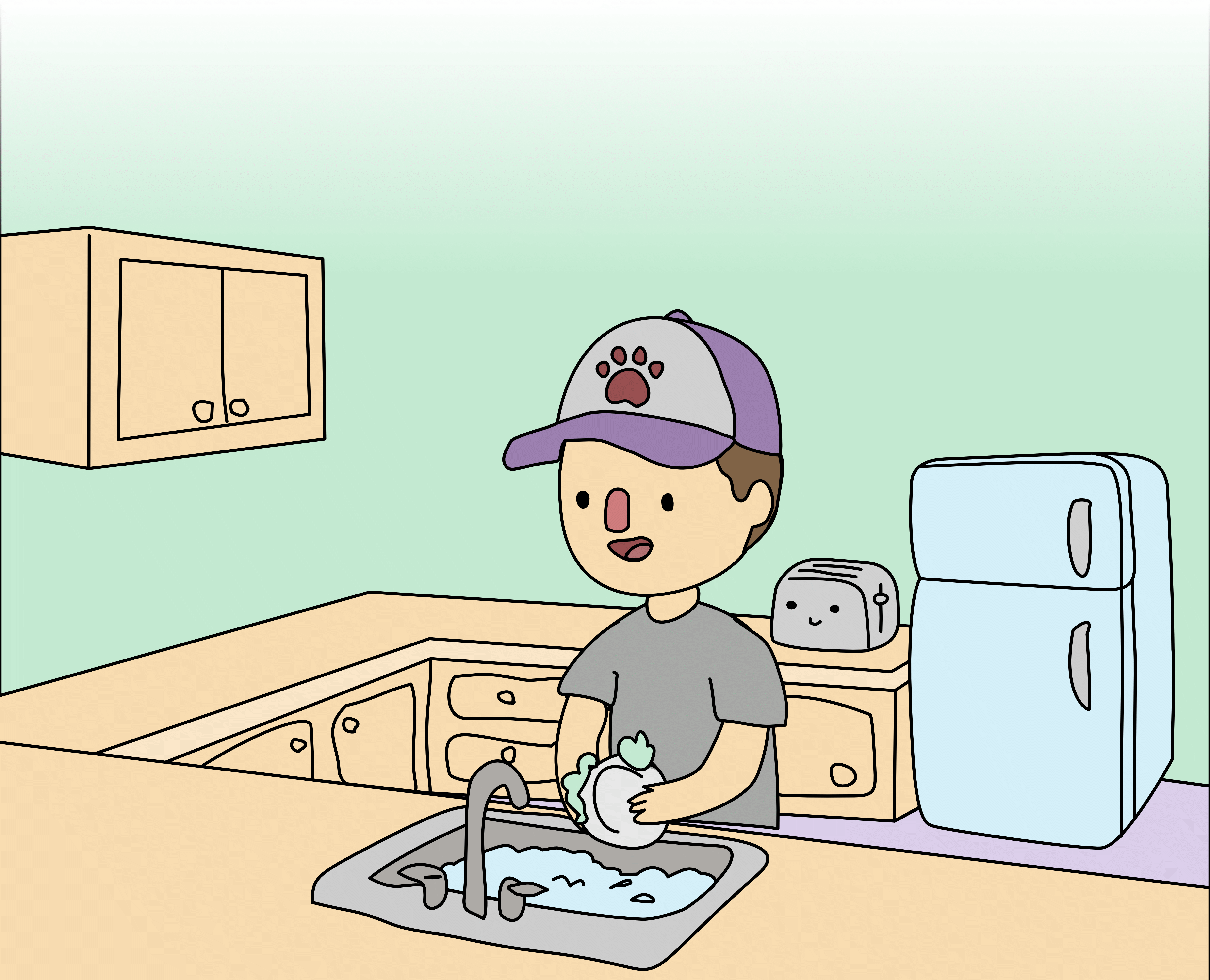 James in a ball cap washing dishes in a pastel cartoon kitchen