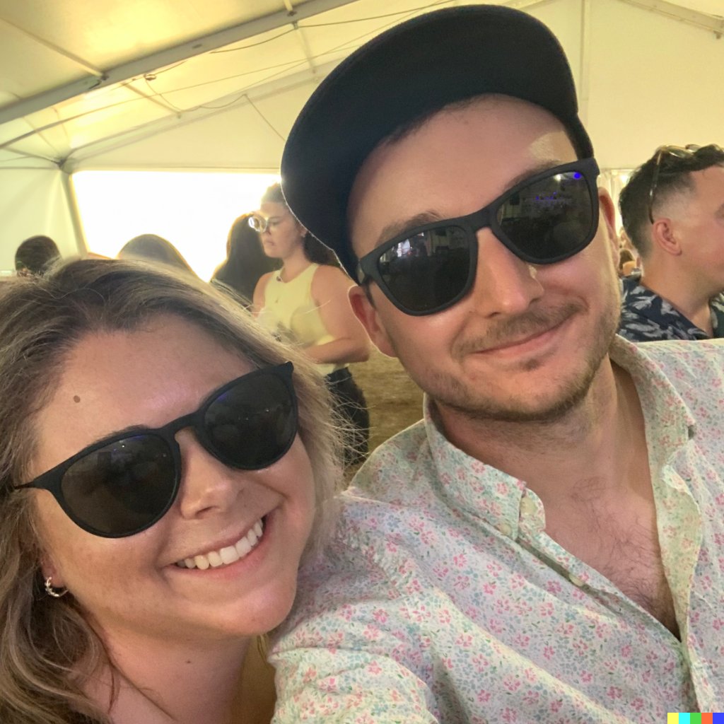 James in sunglasses and a ball cap at an outdoor festival